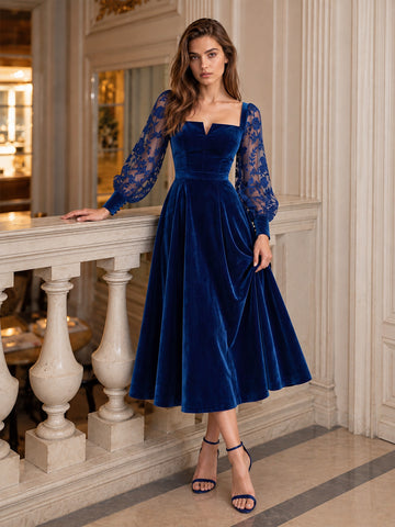 Royal Blue A Line Tea Length Velvet Wedding Guest Dresses Square Neck Cocktail Dresses Plus Size