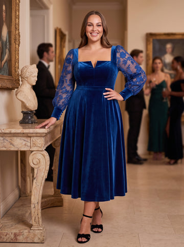 Royal Blue A Line Tea Length Velvet Wedding Guest Dresses Square Neck Cocktail Dresses Plus Size