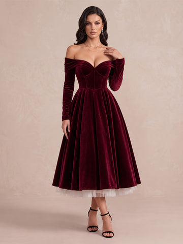 Burgundy A Line Tea Length Velvet Wedding Guest Dresses Off Shoulder Sweetheart Cocktail Dresses