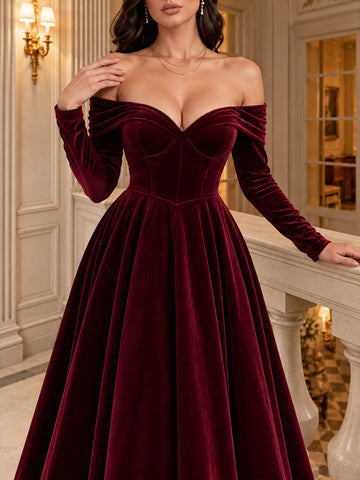 Burgundy A Line Tea Length Velvet Wedding Guest Dresses Off Shoulder Sweetheart Cocktail Dresses Plus Size
