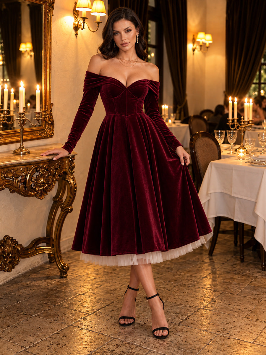 Burgundy A Line Tea Length Velvet Wedding Guest Dresses Off Shoulder Sweetheart Cocktail Dresses Plus Size