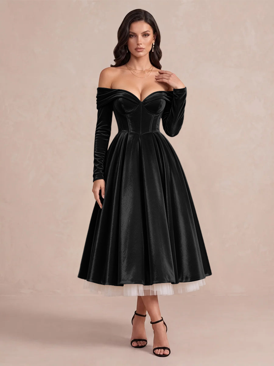 Burgundy A Line Tea Length Velvet Wedding Guest Dresses Off Shoulder Sweetheart Cocktail Dresses