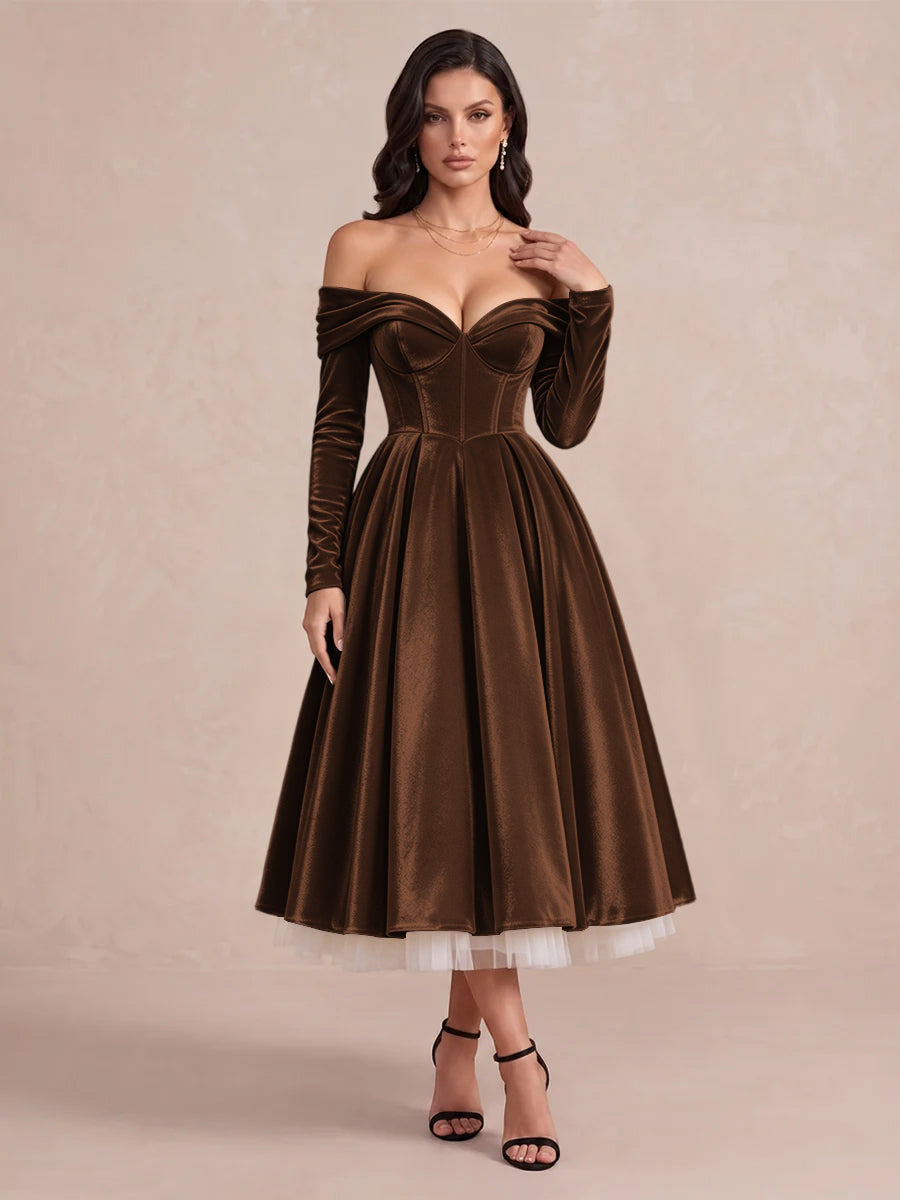 Burgundy A Line Tea Length Velvet Wedding Guest Dresses Off Shoulder Sweetheart Cocktail Dresses