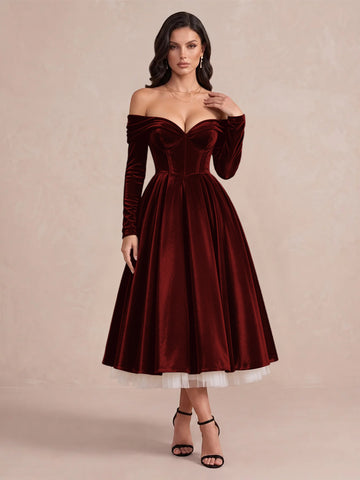 Burgundy A Line Tea Length Velvet Wedding Guest Dresses Off Shoulder Sweetheart Cocktail Dresses