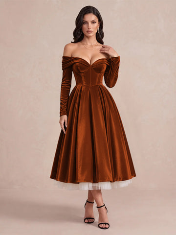 Burgundy A Line Tea Length Velvet Wedding Guest Dresses Off Shoulder Sweetheart Cocktail Dresses