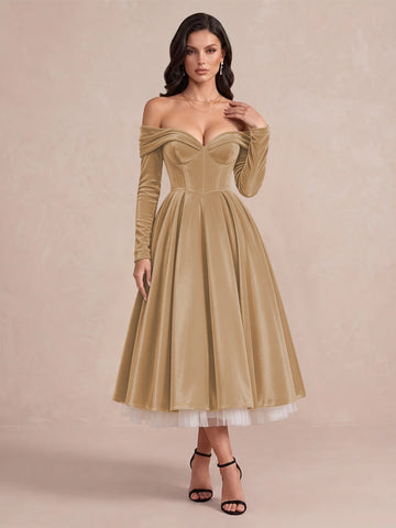 Burgundy A Line Tea Length Velvet Wedding Guest Dresses Off Shoulder Sweetheart Cocktail Dresses