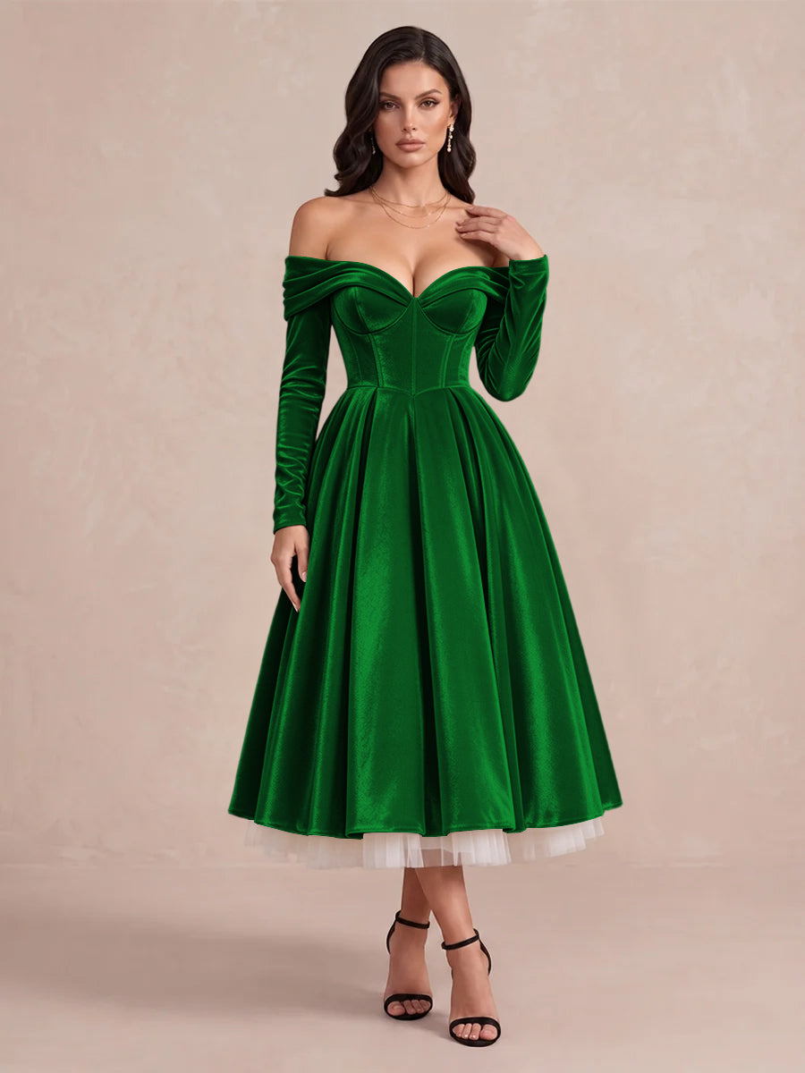 Burgundy A Line Tea Length Velvet Wedding Guest Dresses Off Shoulder Sweetheart Cocktail Dresses