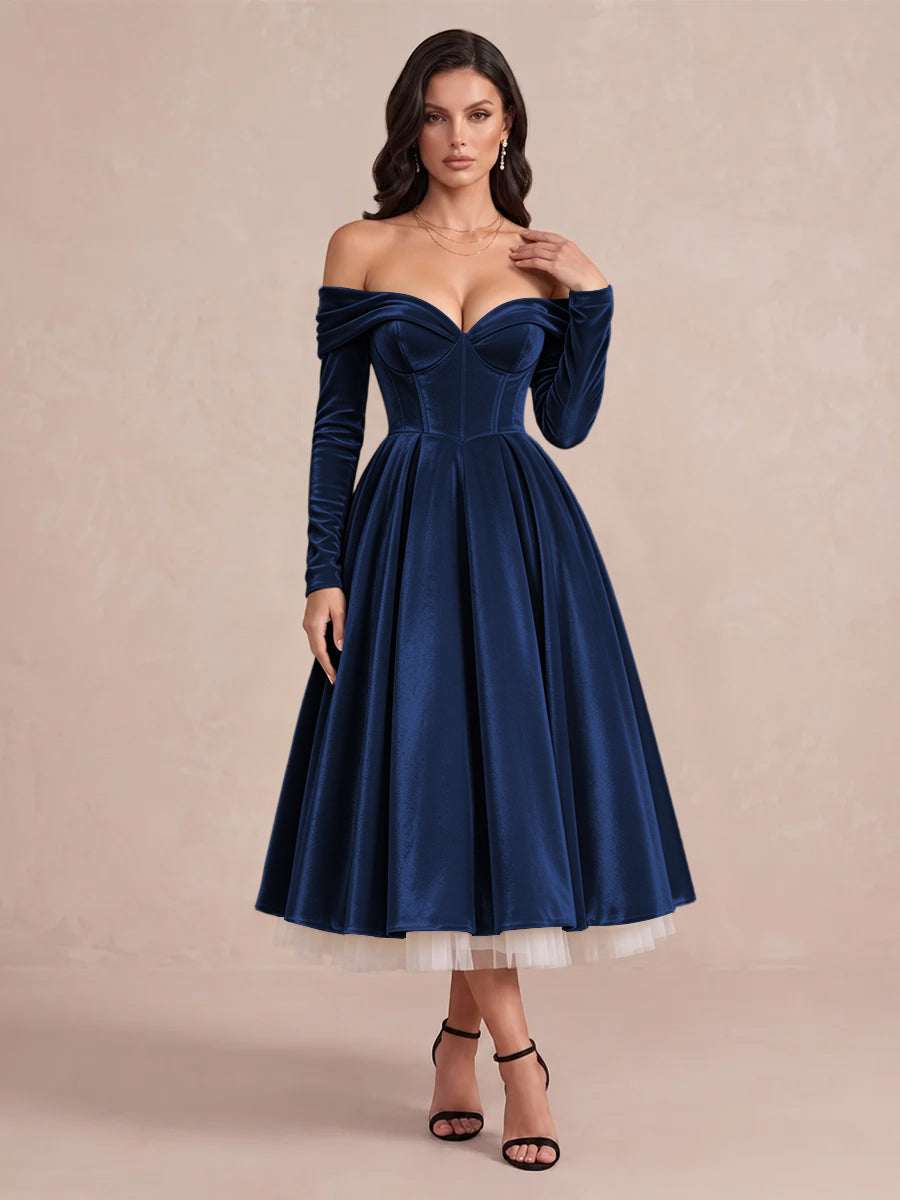 Burgundy A Line Tea Length Velvet Wedding Guest Dresses Off Shoulder Sweetheart Cocktail Dresses