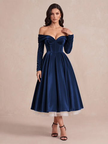 Burgundy A Line Tea Length Velvet Wedding Guest Dresses Off Shoulder Sweetheart Cocktail Dresses
