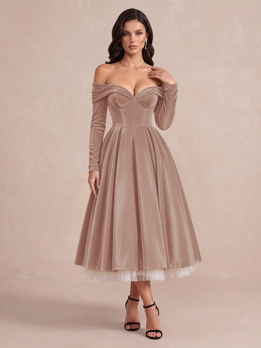 Burgundy A Line Tea Length Velvet Wedding Guest Dresses Off Shoulder Sweetheart Cocktail Dresses