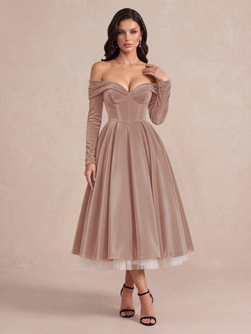 Burgundy A Line Tea Length Velvet Wedding Guest Dresses Off Shoulder Sweetheart Cocktail Dresses