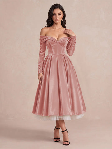 Burgundy A Line Tea Length Velvet Wedding Guest Dresses Off Shoulder Sweetheart Cocktail Dresses