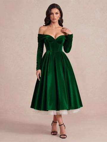 Burgundy A Line Tea Length Velvet Wedding Guest Dresses Off Shoulder Sweetheart Cocktail Dresses