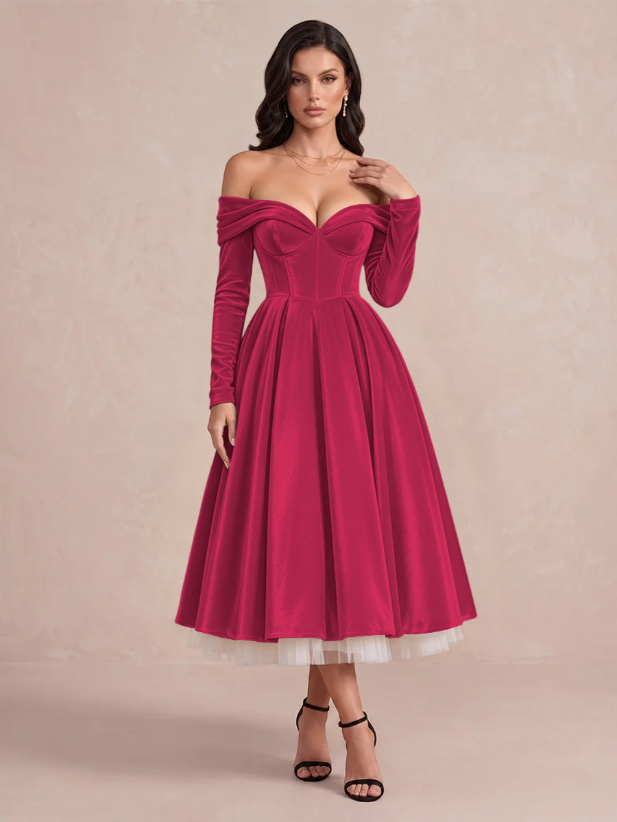 Burgundy A Line Tea Length Velvet Wedding Guest Dresses Off Shoulder Sweetheart Cocktail Dresses