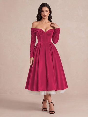 Burgundy A Line Tea Length Velvet Wedding Guest Dresses Off Shoulder Sweetheart Cocktail Dresses