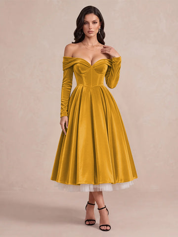 Burgundy A Line Tea Length Velvet Wedding Guest Dresses Off Shoulder Sweetheart Cocktail Dresses