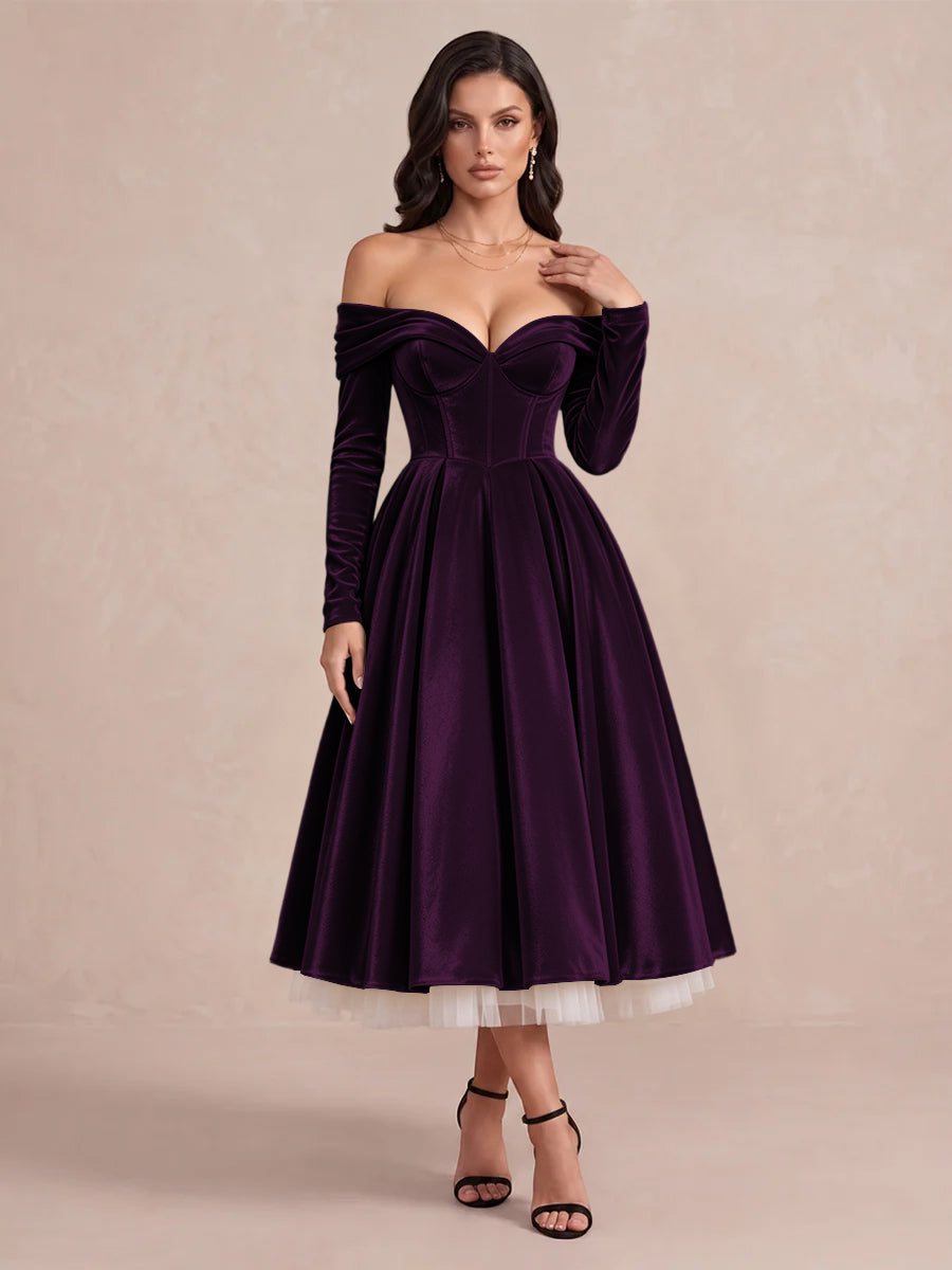 Burgundy A Line Tea Length Velvet Wedding Guest Dresses Off Shoulder Sweetheart Cocktail Dresses