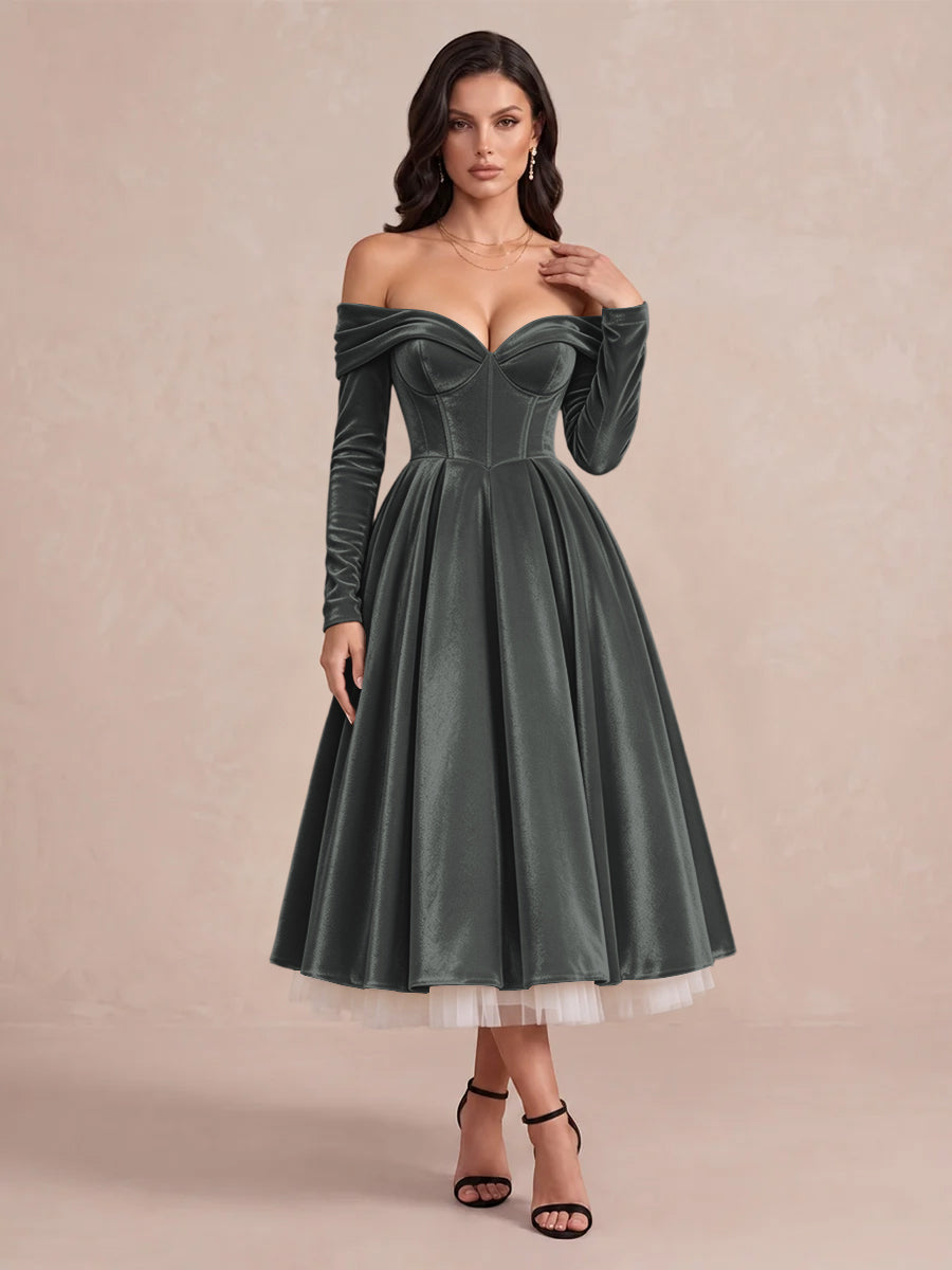 Burgundy A Line Tea Length Velvet Wedding Guest Dresses Off Shoulder Sweetheart Cocktail Dresses