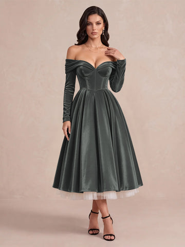 Burgundy A Line Tea Length Velvet Wedding Guest Dresses Off Shoulder Sweetheart Cocktail Dresses