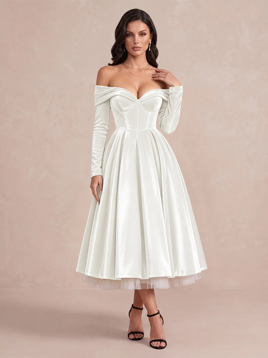 Burgundy A Line Tea Length Velvet Wedding Guest Dresses Off Shoulder Sweetheart Cocktail Dresses