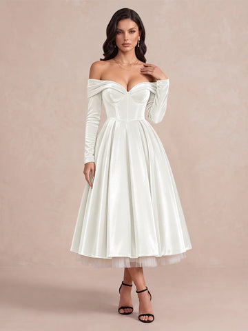 Burgundy A Line Tea Length Velvet Wedding Guest Dresses Off Shoulder Sweetheart Cocktail Dresses