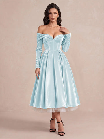 Burgundy A Line Tea Length Velvet Wedding Guest Dresses Off Shoulder Sweetheart Cocktail Dresses