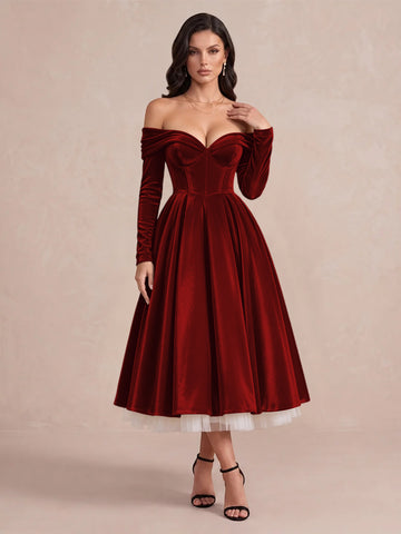 Burgundy A Line Tea Length Velvet Wedding Guest Dresses Off Shoulder Sweetheart Cocktail Dresses