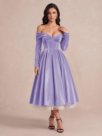 Burgundy A Line Tea Length Velvet Wedding Guest Dresses Off Shoulder Sweetheart Cocktail Dresses