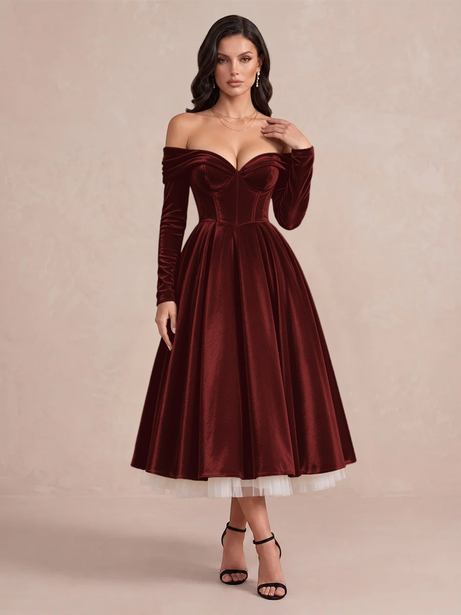 Burgundy A Line Tea Length Velvet Wedding Guest Dresses Off Shoulder Sweetheart Cocktail Dresses