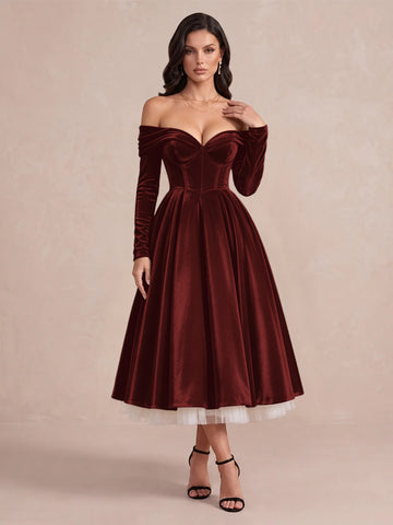 Burgundy A Line Tea Length Velvet Wedding Guest Dresses Off Shoulder Sweetheart Cocktail Dresses