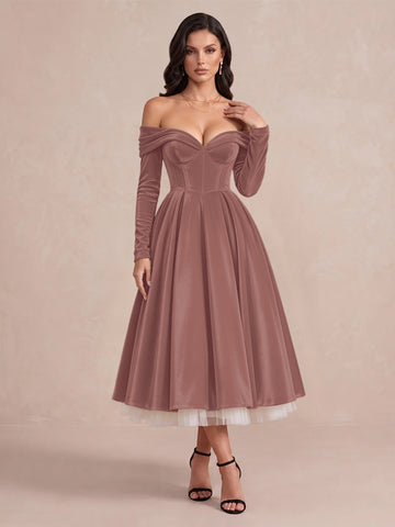 Burgundy A Line Tea Length Velvet Wedding Guest Dresses Off Shoulder Sweetheart Cocktail Dresses