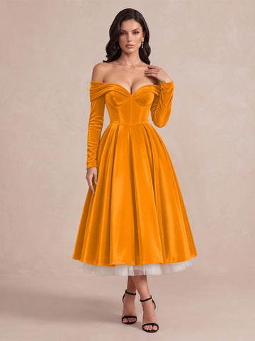 Burgundy A Line Tea Length Velvet Wedding Guest Dresses Off Shoulder Sweetheart Cocktail Dresses
