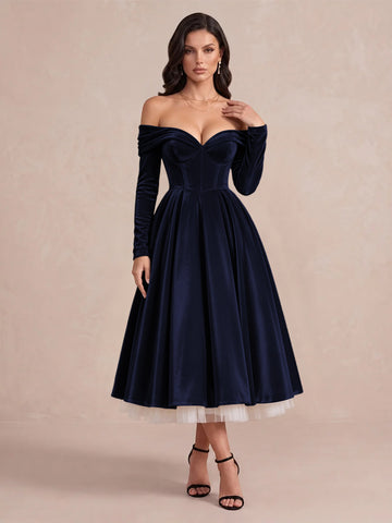 Burgundy A Line Tea Length Velvet Wedding Guest Dresses Off Shoulder Sweetheart Cocktail Dresses