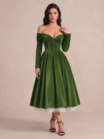 Burgundy A Line Tea Length Velvet Wedding Guest Dresses Off Shoulder Sweetheart Cocktail Dresses