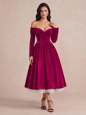 Burgundy A Line Tea Length Velvet Wedding Guest Dresses Off Shoulder Sweetheart Cocktail Dresses