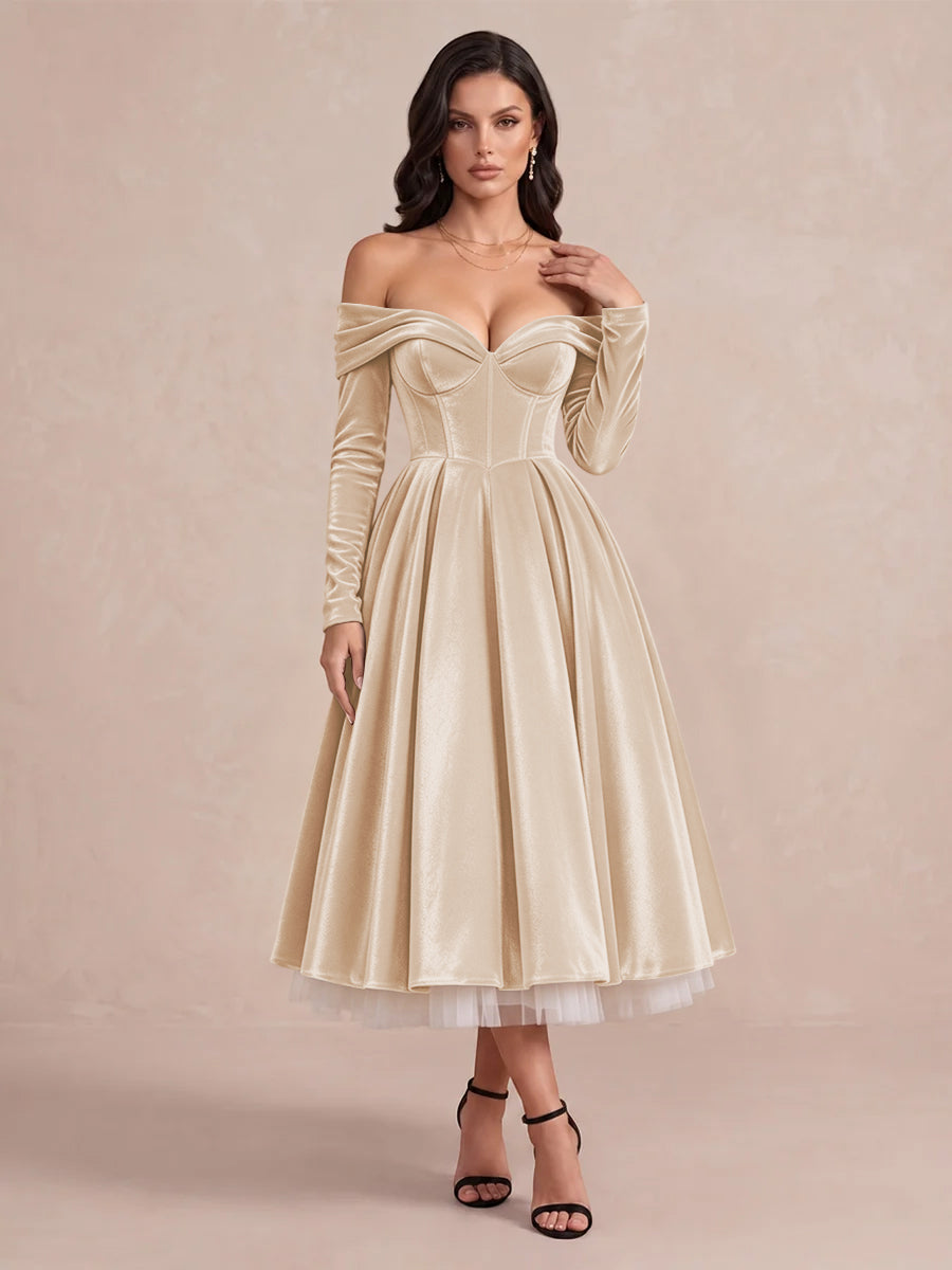 Burgundy A Line Tea Length Velvet Wedding Guest Dresses Off Shoulder Sweetheart Cocktail Dresses