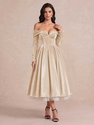 Burgundy A Line Tea Length Velvet Wedding Guest Dresses Off Shoulder Sweetheart Cocktail Dresses