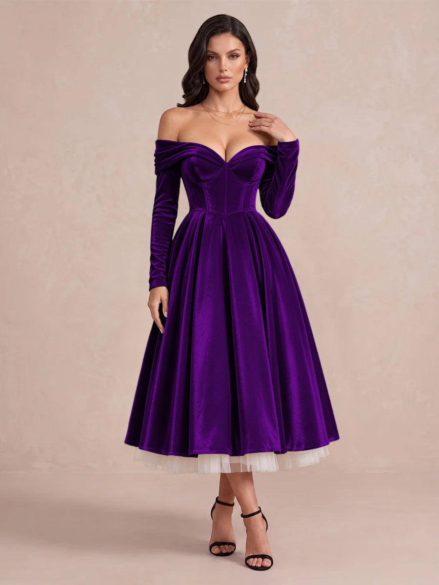 Burgundy A Line Tea Length Velvet Wedding Guest Dresses Off Shoulder Sweetheart Cocktail Dresses