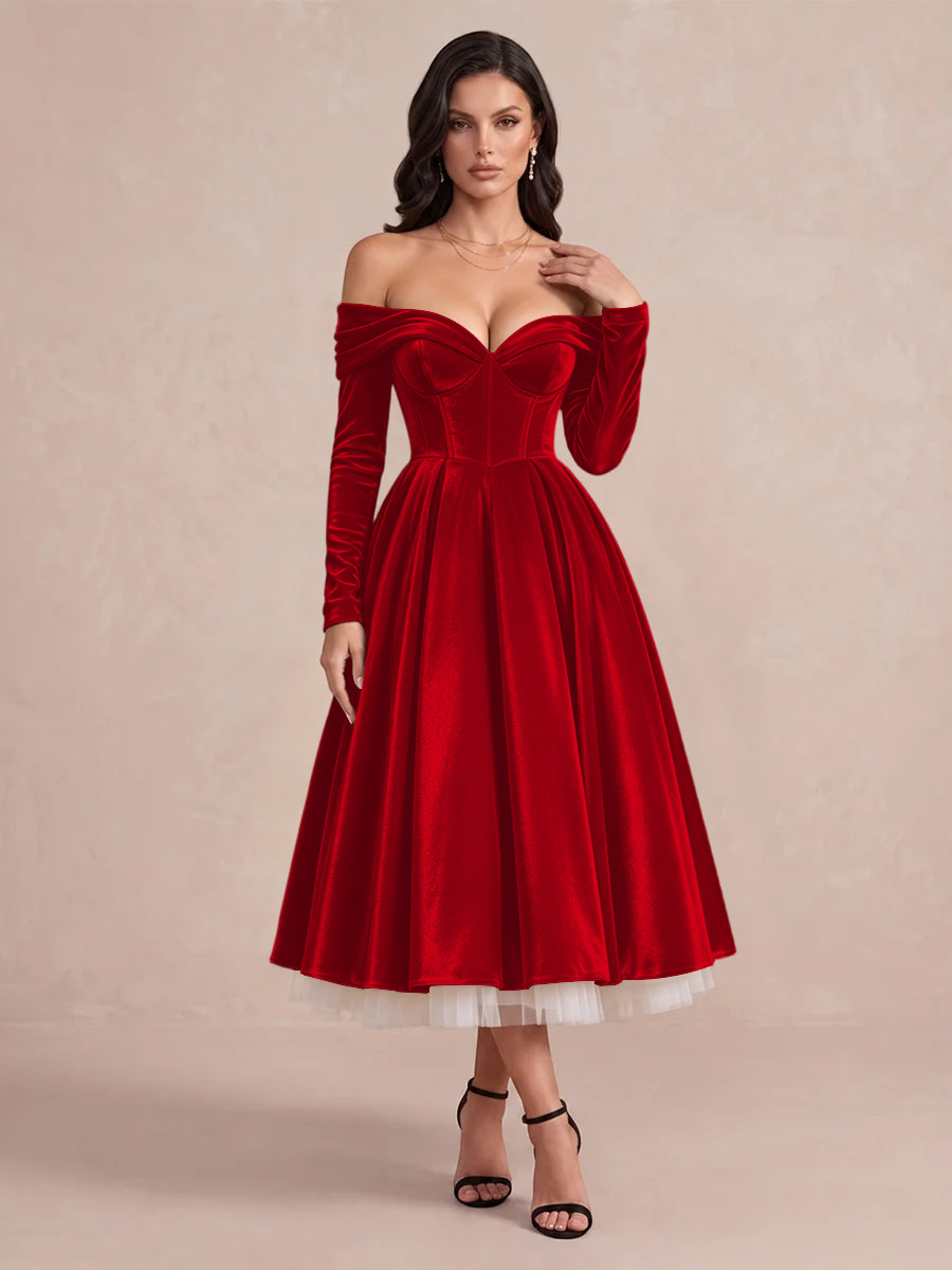 Burgundy A Line Tea Length Velvet Wedding Guest Dresses Off Shoulder Sweetheart Cocktail Dresses