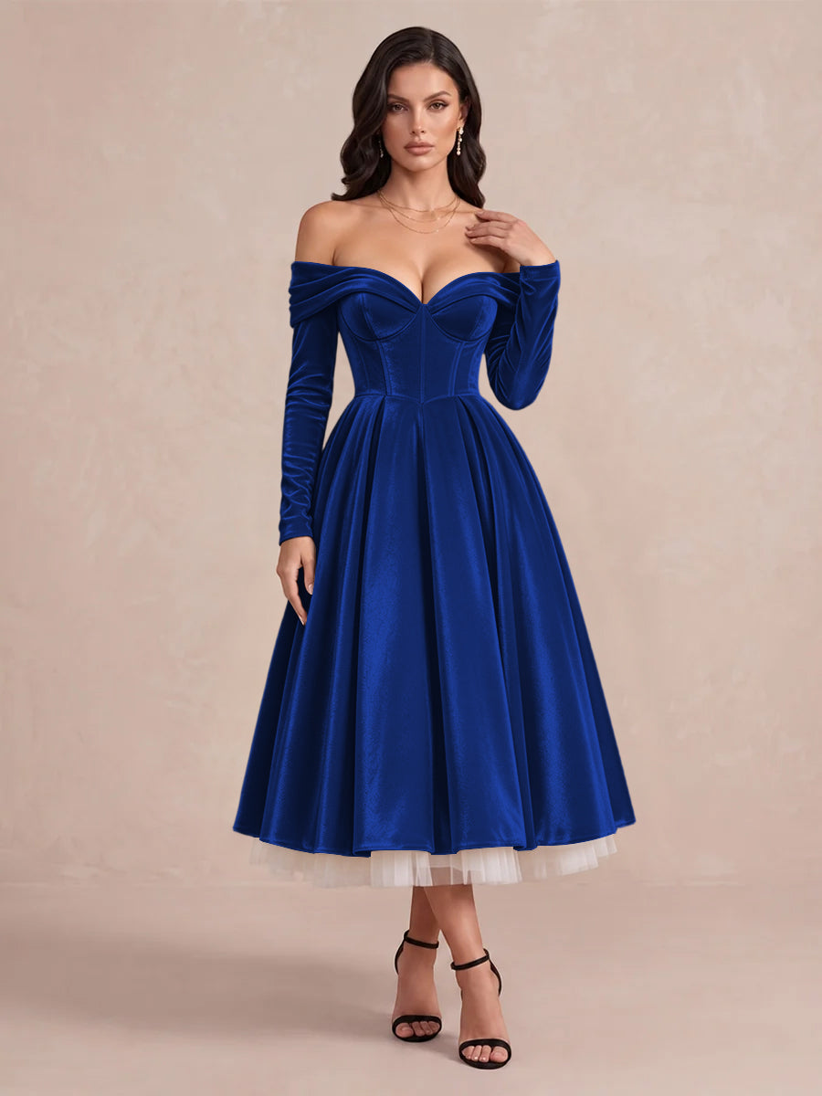Burgundy A Line Tea Length Velvet Wedding Guest Dresses Off Shoulder Sweetheart Cocktail Dresses