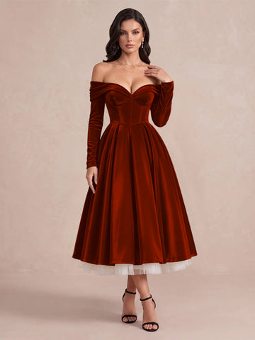 Burgundy A Line Tea Length Velvet Wedding Guest Dresses Off Shoulder Sweetheart Cocktail Dresses