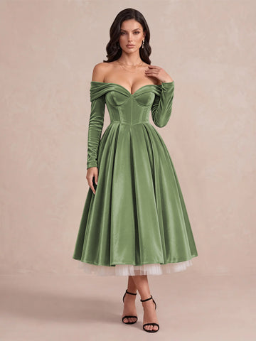 Burgundy A Line Tea Length Velvet Wedding Guest Dresses Off Shoulder Sweetheart Cocktail Dresses