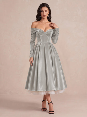 Burgundy A Line Tea Length Velvet Wedding Guest Dresses Off Shoulder Sweetheart Cocktail Dresses