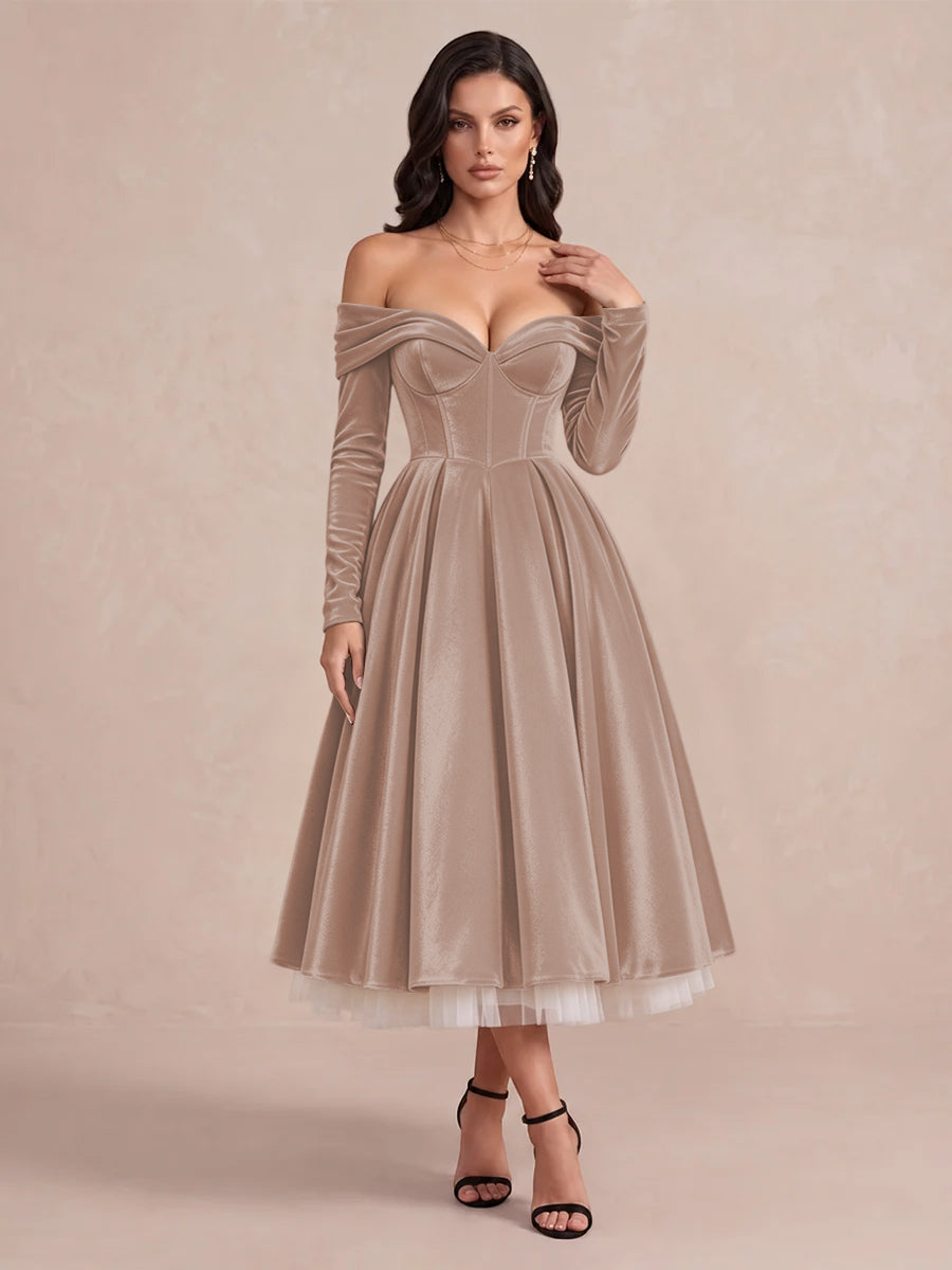 Burgundy A Line Tea Length Velvet Wedding Guest Dresses Off Shoulder Sweetheart Cocktail Dresses