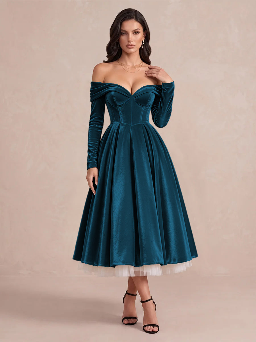Burgundy A Line Tea Length Velvet Wedding Guest Dresses Off Shoulder Sweetheart Cocktail Dresses