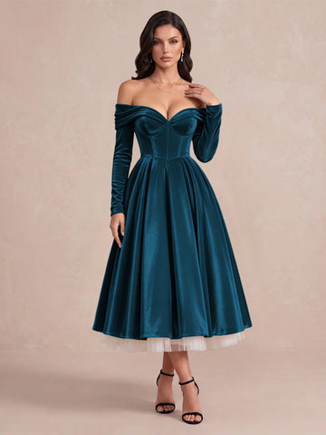 Burgundy A Line Tea Length Velvet Wedding Guest Dresses Off Shoulder Sweetheart Cocktail Dresses