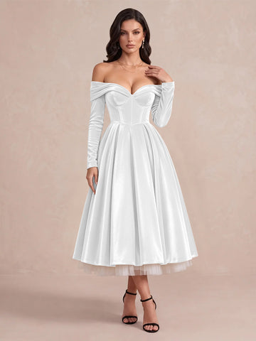 Burgundy A Line Tea Length Velvet Wedding Guest Dresses Off Shoulder Sweetheart Cocktail Dresses