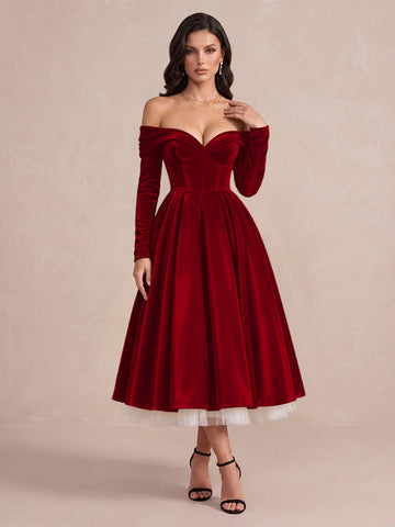 Burgundy A Line Tea Length Velvet Wedding Guest Dresses Off Shoulder Sweetheart Cocktail Dresses