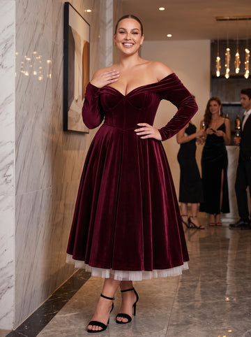Burgundy A Line Tea Length Velvet Wedding Guest Dresses Off Shoulder Sweetheart Cocktail Dresses Plus Size