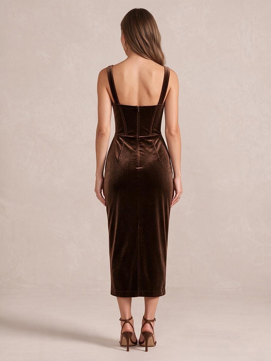 Brown Sheath Tea Length Corset Velvet Wedding Guest Dresses Sweetheart Cocktail Dresses Plus Size